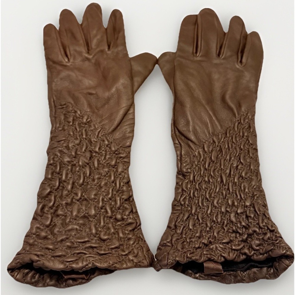 VTG 1950's Brown Leather Opera Gloves 12"Long M Ruched MCM Elegant Silk Lined